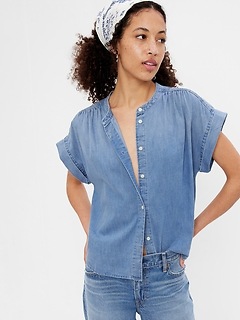 Organic Cotton Denim Flutter Sleeve Top 