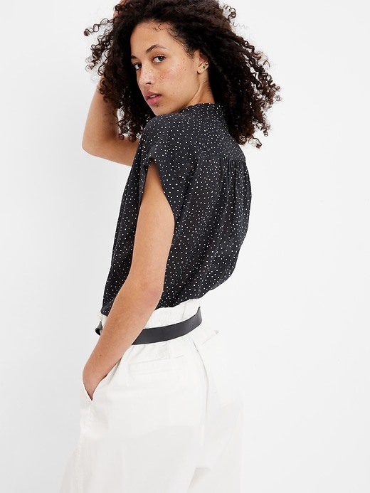2 of 8 showing, with the color black print of product Shirred Button-Front Shirt