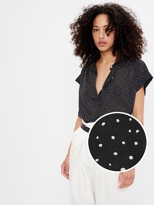 1 of 8 showing, with the color black print of product Shirred Button-Front Shirt