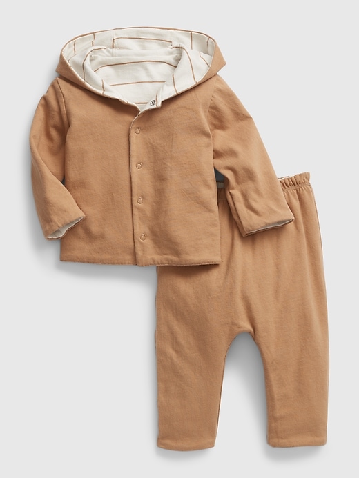 2 of 8 showing, with the color birch beige of product Baby 100% Organic Cotton Reversible Two-Piece Outfit Set