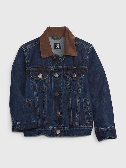 1 of 8 showing, with the color dark wash blue of product Toddler Icon Denim Jacket with Washwell