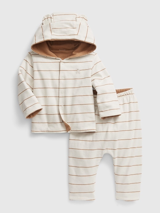1 of 8 showing, with the color birch beige of product Baby 100% Organic Cotton Reversible Two-Piece Outfit Set