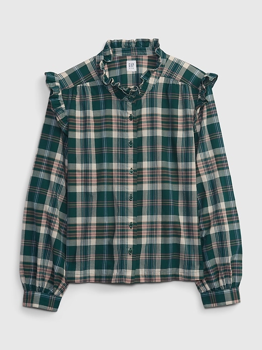 1 of 8 showing, with the color blue green plaid of product Kids Ruffle Sleeve Button-Down Shirt