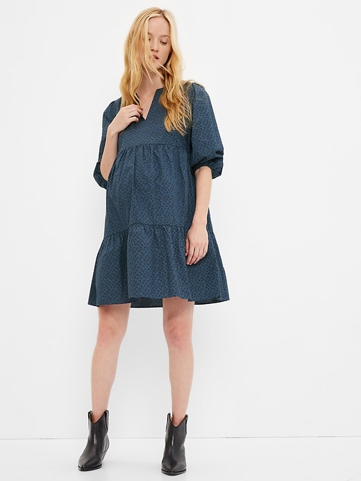 1 of 8 showing, with the color blue floral of product Maternity Puff Sleeve Tiered Dress