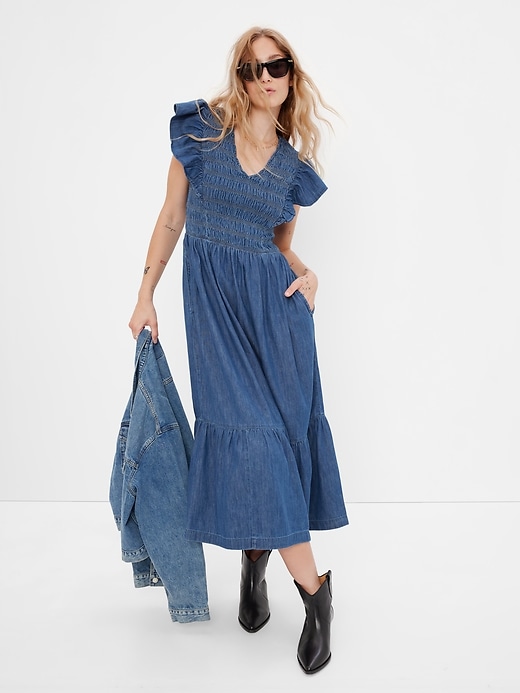 1 of 8 showing, with the color dark wash of product 100% Organic Cotton Smocked Flutter Sleeve Denim Midi Dress with Washwell