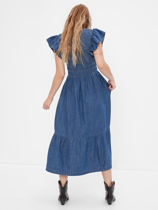 Image number 2 showing, 100% Organic Cotton Smocked Flutter Sleeve Denim Midi Dress with Washwell