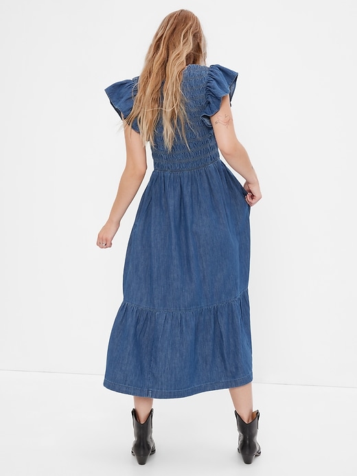 2 of 8 showing, with the color dark wash of product 100% Organic Cotton Smocked Flutter Sleeve Denim Midi Dress with Washwell