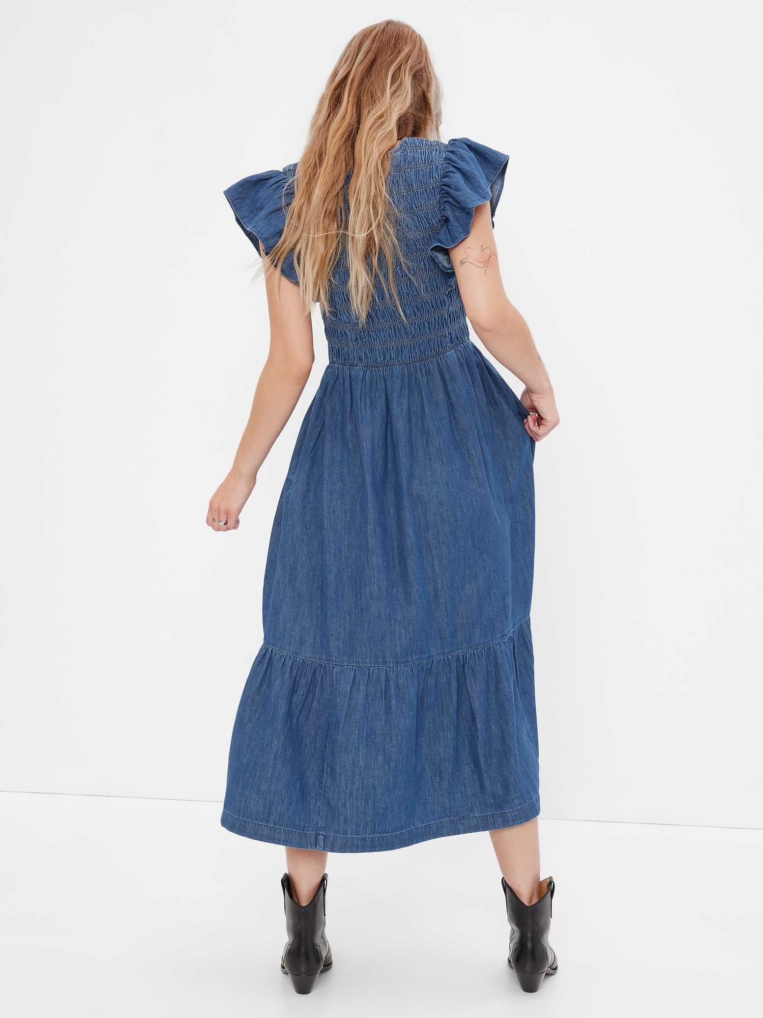 100 Organic Cotton Smocked Flutter Sleeve Denim Midi Dress with