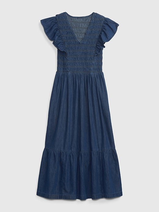 Image number 6 showing, 100% Organic Cotton Smocked Flutter Sleeve Denim Midi Dress with Washwell