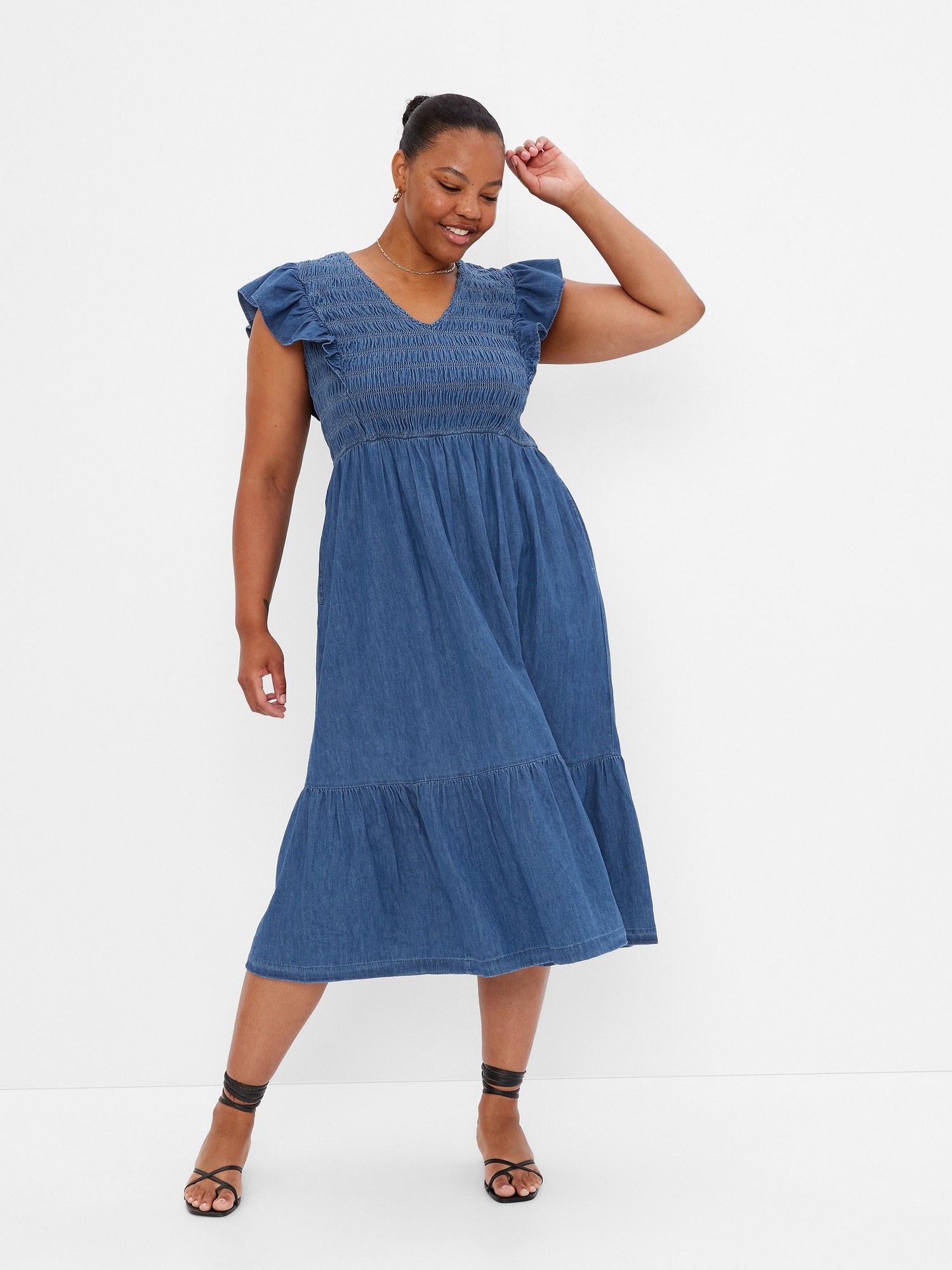 100% Organic Cotton Smocked Flutter Sleeve Denim Midi Dress