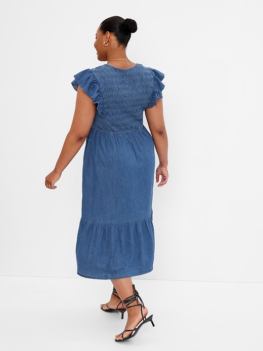 Image number 5 showing, 100% Organic Cotton Smocked Flutter Sleeve Denim Midi Dress with Washwell