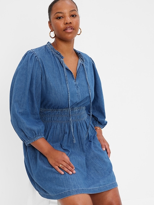 Image number 4 showing, 100% Organic Cotton Denim Puff Mini Dress with Washwell