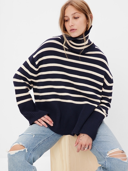 1 of 8 showing, with the color navy blue stripe of product 24/7 Split-Hem Turtleneck Sweater
