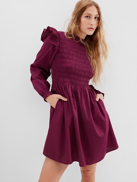Image number 1 showing, Smocked Ruffle Sleeve Mini Dress