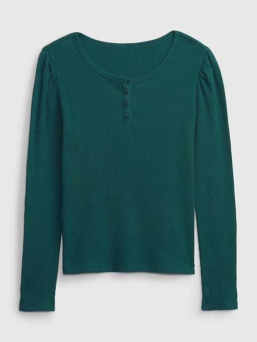 1 of 8 showing, with the color green of product Kids Waffle Puff-Sleeve Henley T-Shirt