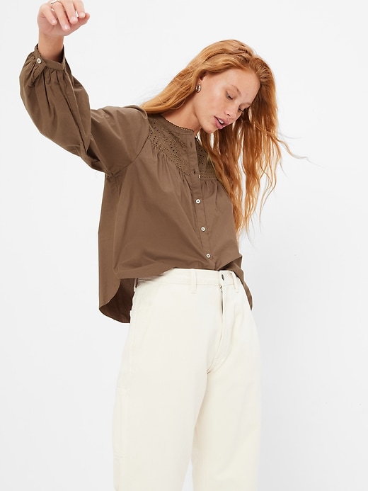 1 of 8 showing, with the color cozy brown of product Eyelet Puff Sleeve Shirt