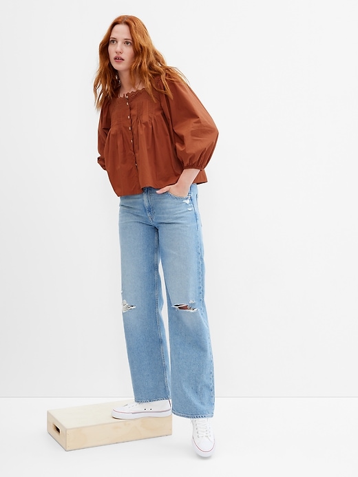 1 of 8 showing, with the color saddle brown of product Puff Sleeve Button-Front Top