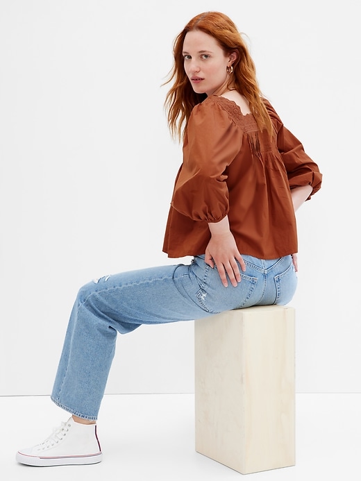 2 of 8 showing, with the color saddle brown of product Puff Sleeve Button-Front Top