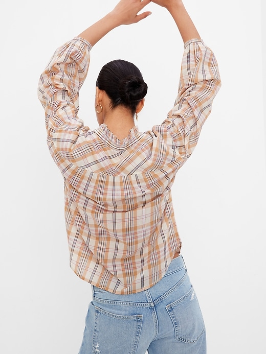 2 of 8 showing, with the color neutral tan plaid of product Ruffle Neck Shirt