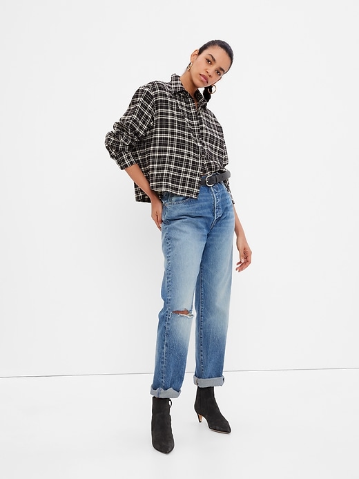 1 of 8 showing, with the color black plaid of product Cropped Flannel Shirt