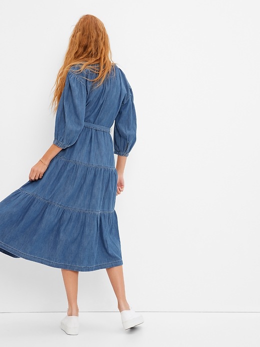 gap denim tiered midi dress Gap x LoveShackFancy + Gap  LoveShackFancy Denim Tiered Midi Dress with  Washwell