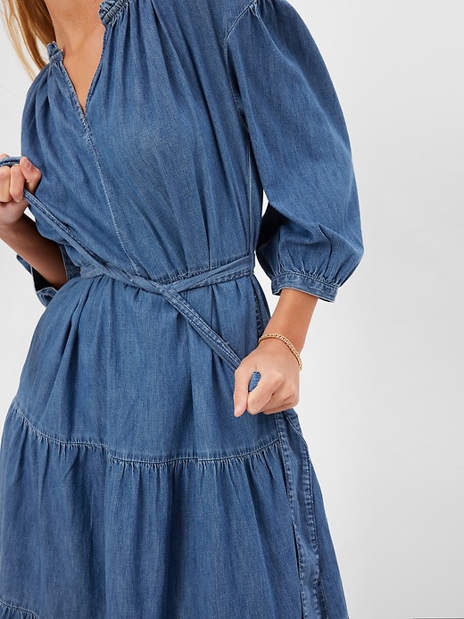 gap denim tiered midi dress Women's Denim Drop-Waist Corset Midi Dress by Gap Dark Wash Tall Size XL