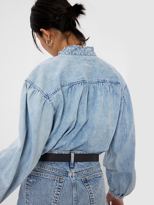 2 of 8 showing, with the color marble wash of product Denim Ruffle Neck Shirt with Washwell