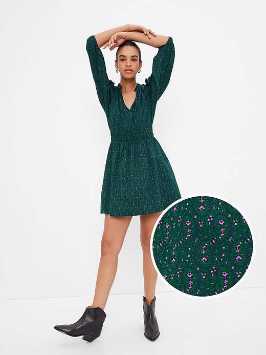 1 of 8 showing, with the color green print of product Smocked Waist Puff Mini Dress