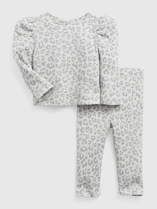 1 of 8 showing, with the color grey leopard of product Baby Waffle Two-Piece Outfit Set