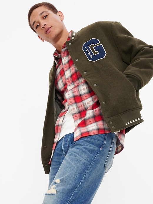1 of 8 showing, with the color dark olive of product Varsity Jacket