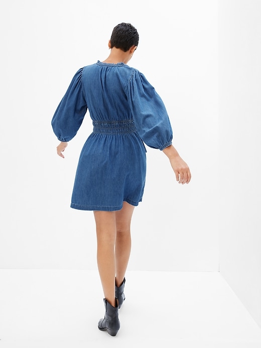 2 of 8 showing, with the color medium wash of product 100% Organic Cotton Denim Puff Mini Dress with Washwell