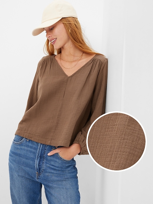 1 of 8 showing, with the color cozy brown of product Crinkle Gauze Balloon Sleeve Top