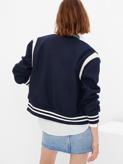2 of 8 showing, with the color navy blue of product Recycled Wool Blend Varsity Jacket