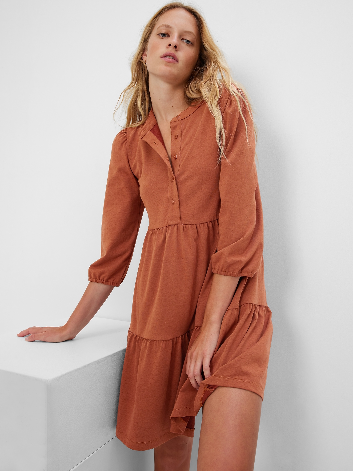 Women's Puff Tiered Mini Dress by Gap Saddle Brown Size XXL