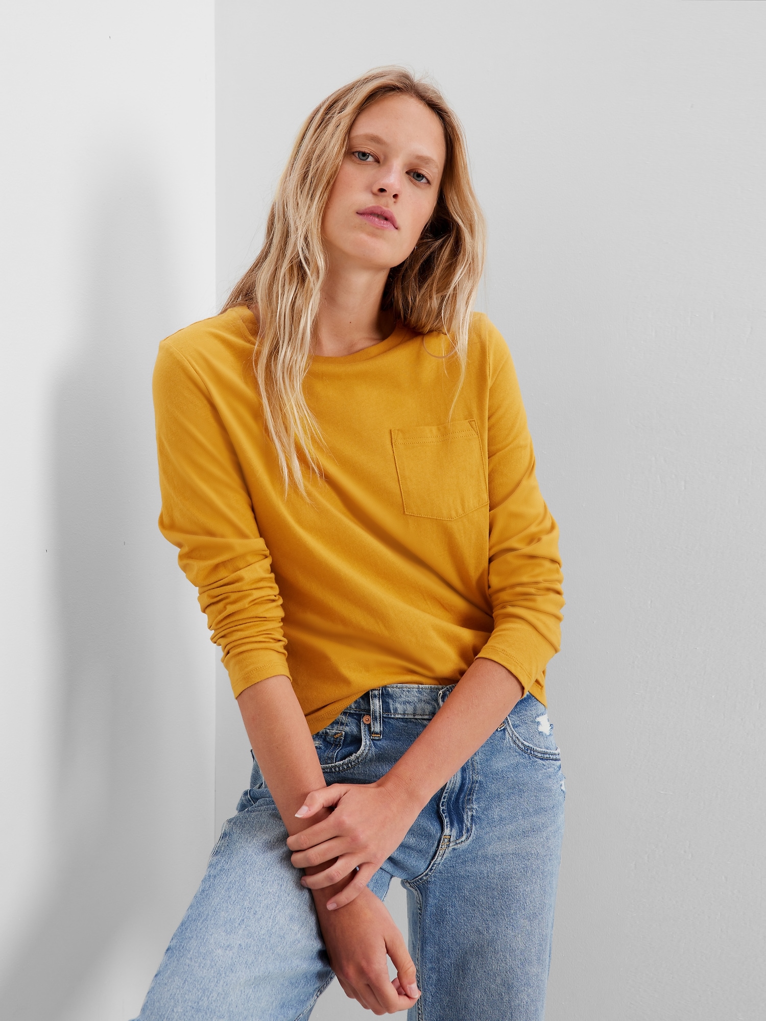 Gap 100% Organic Cotton Vintage Long Sleeve Pocket T-shirt In Golden Yellow