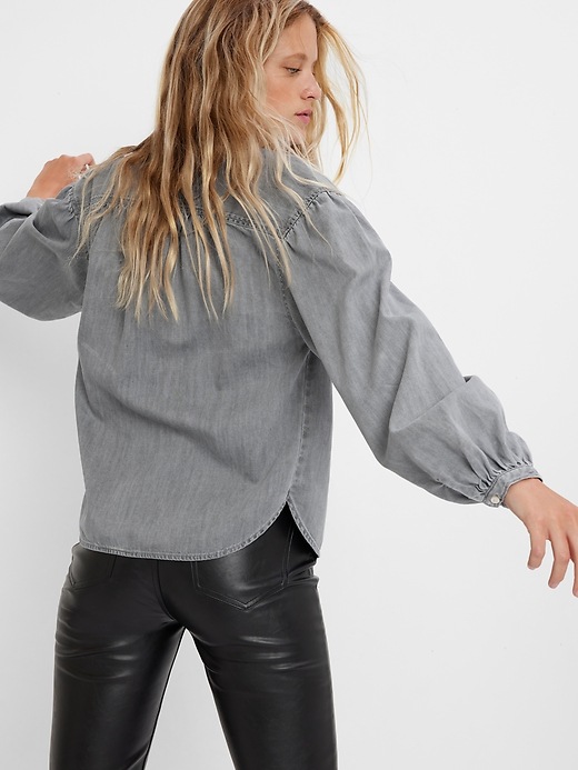 2 of 8 showing, with the color black wash of product Denim Ruffle Neck Shirt with Washwell