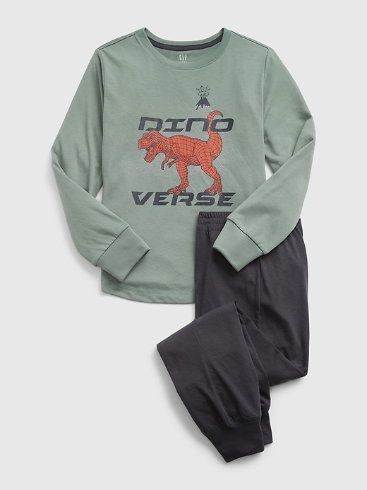 1 of 8 showing, with the color gasoline green of product Kids 100% Recycled Dino PJ Jogger Set