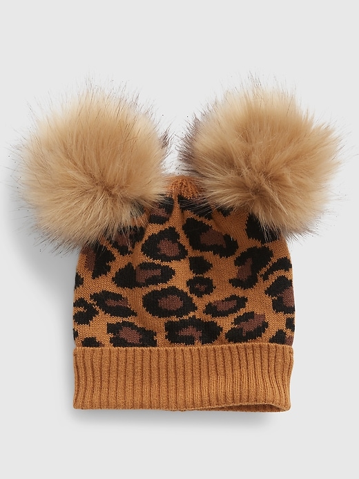 1 of 8 showing, with the color leopard print brown of product Toddler Double Pom Leopard Beanie