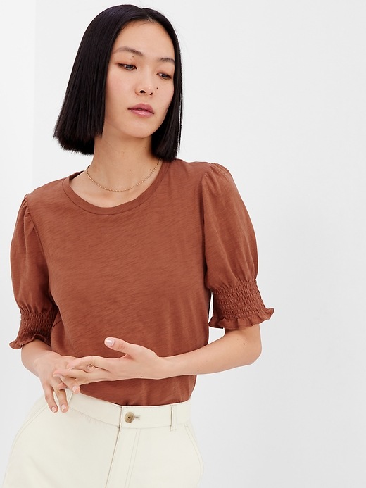 1 of 8 showing, with the color saddle brown of product 100% Organic Cotton Smocked Puff Sleeve T-Shirt