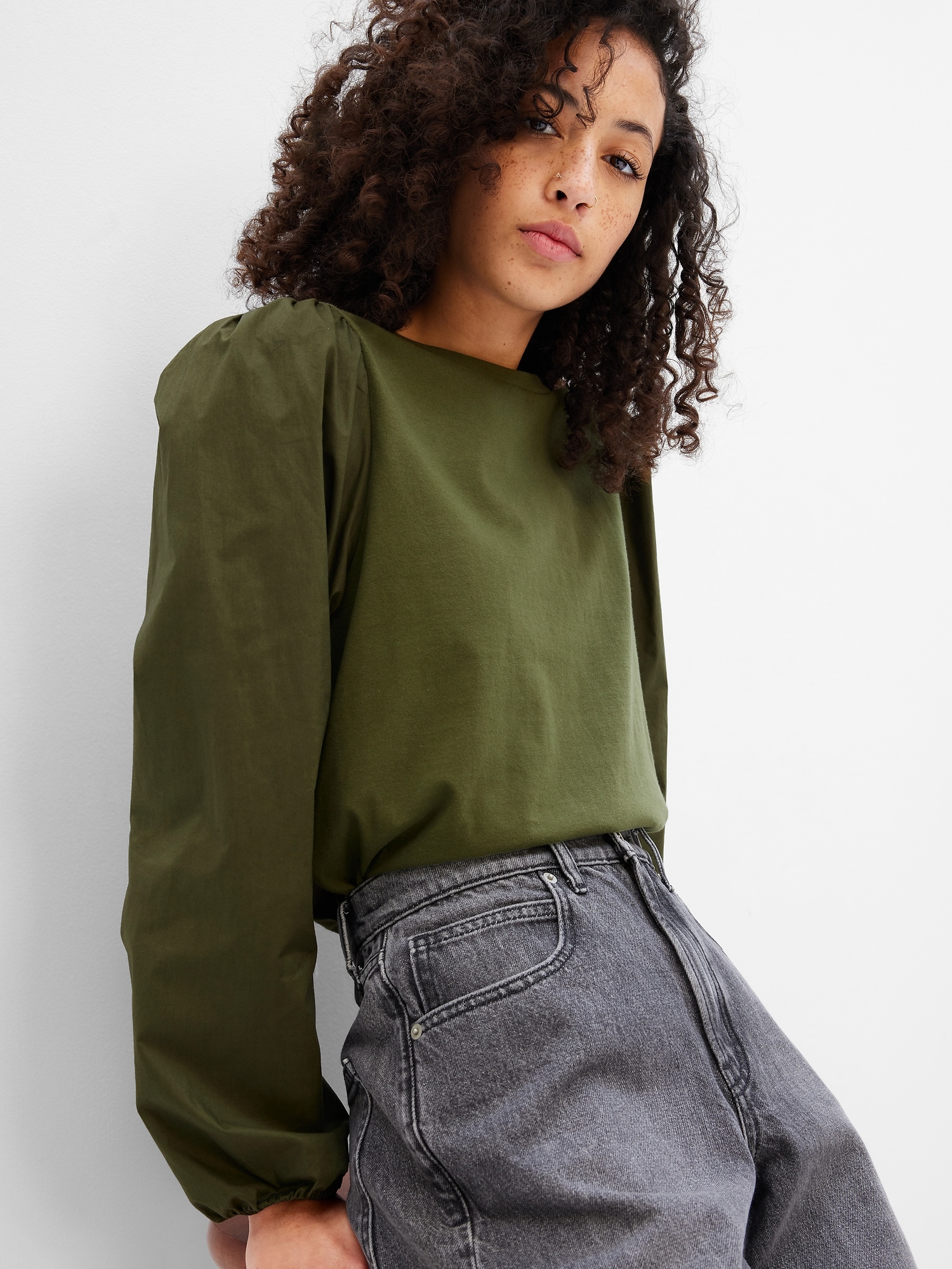 Gap Puff Sleeve Top In Army Jacket Green