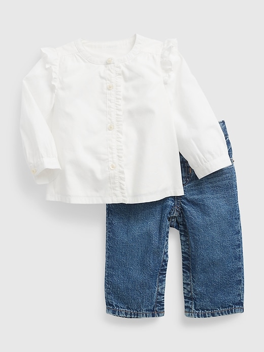 1 of 8 showing, with the color medium wash of product Baby Two-Piece Denim Outfit Set with Washwell