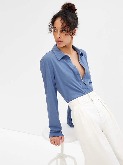 1 of 8 showing, with the color bainbridge blue of product Soft Knit Button-Up Shirt