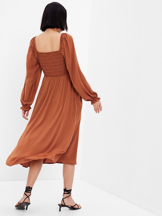 2 of 8 showing, with the color saddle brown of product Smocked Midi Dress