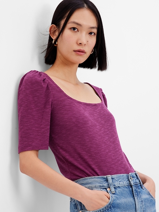 1 of 8 showing, with the color huckleberry purple of product Rib Puff Top