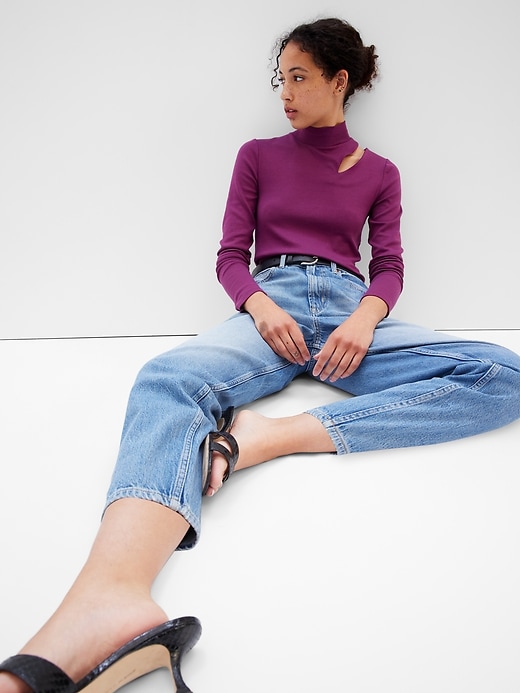 1 of 8 showing, with the color huckleberry purple of product Modern Mockneck Cutout Top