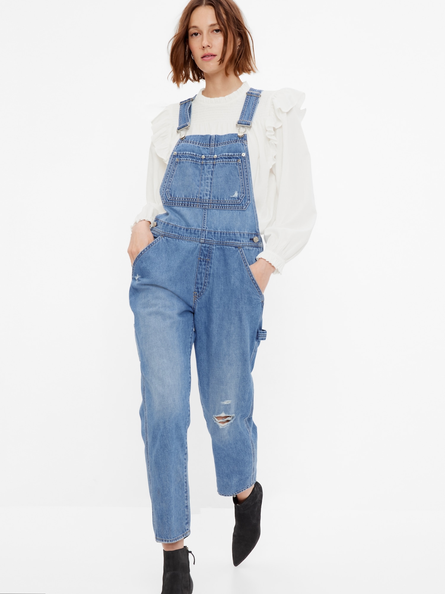 Just A Normal Girl Light Wash Distressed Straight Leg Denim Overalls – Pink  Lily