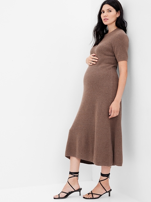 1 of 8 showing, with the color cozy brown of product Maternity Rib Midi Sweater Dress