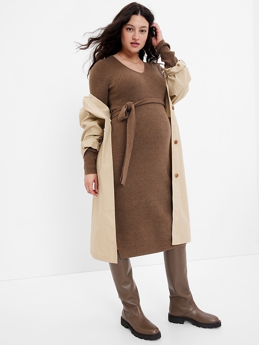 1 of 8 showing, with the color COZY BROWN of product Maternity Belted Midi Sweater Dress