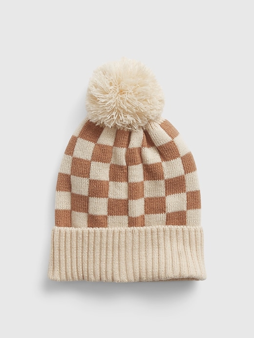 1 of 8 showing, with the color brown tan checker of product Kids Checkered Pom Beanie