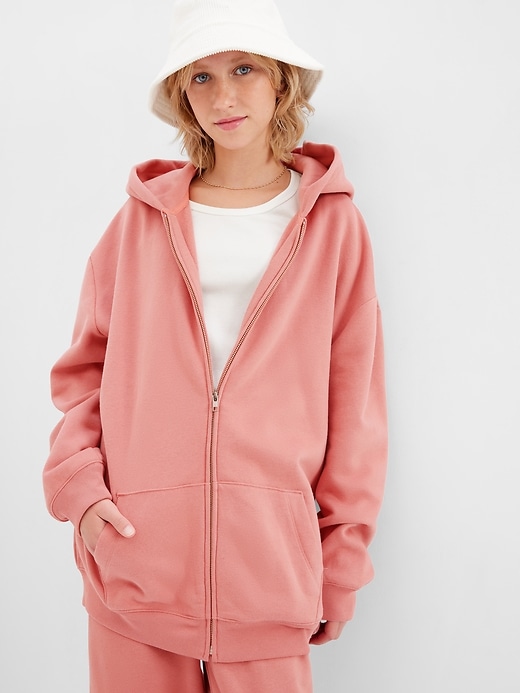 1 of 8 showing, with the color rose pink of product Teen Oversized Zip-Up Fleece Hoodie
